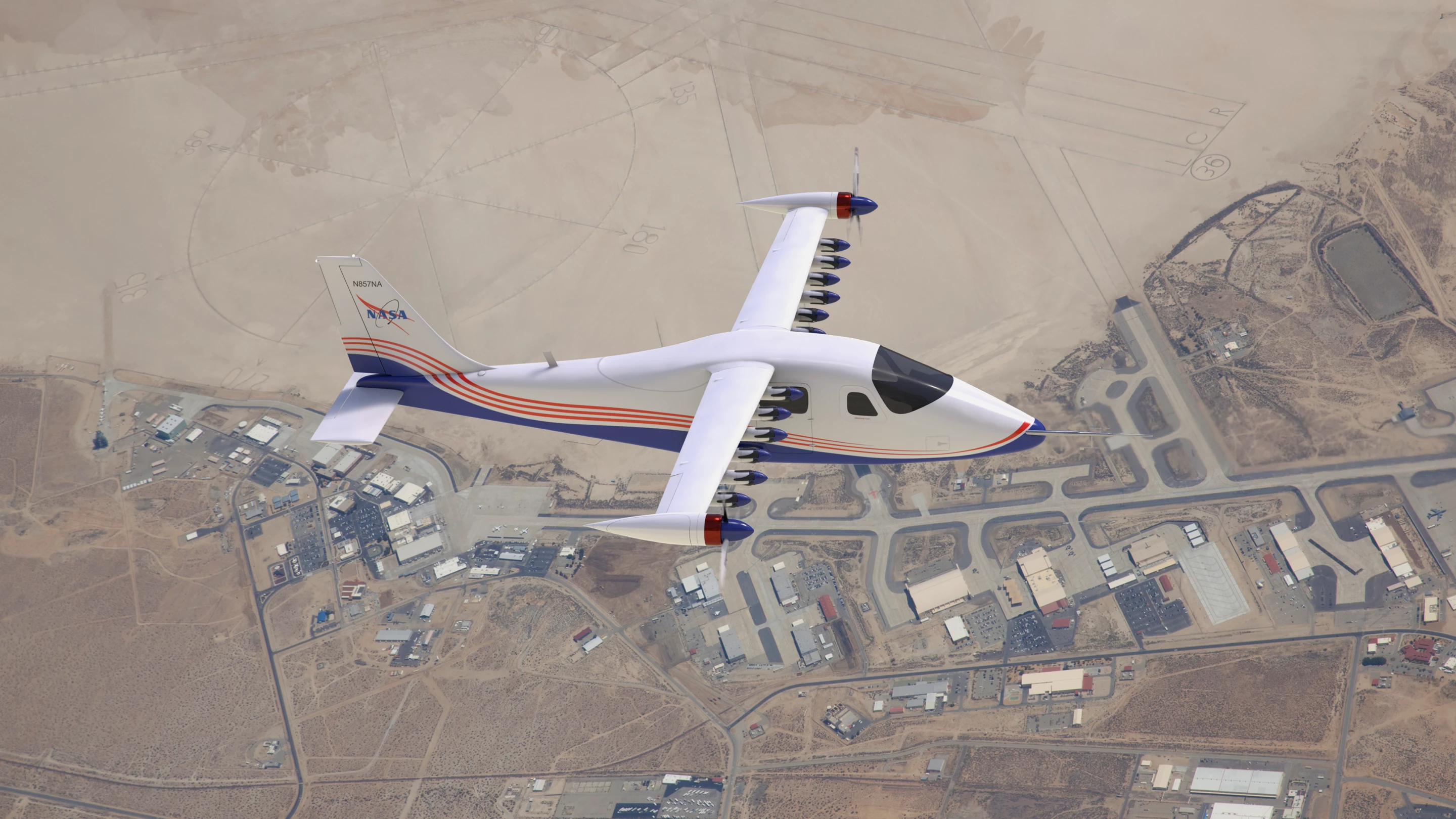 This artist’s concept image shows NASA’s first all-electric X-plane, the X-57 Maxwell, in its final configuration, flying in cruise mode over NASA’s Armstrong Flight Research Center in Edwards, California
