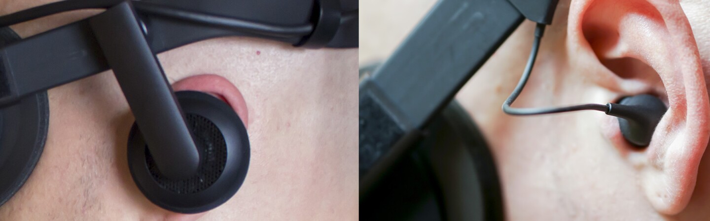 Stock Oculus Rift headphones (left), Rift with $50 Oculus Earphones (right)