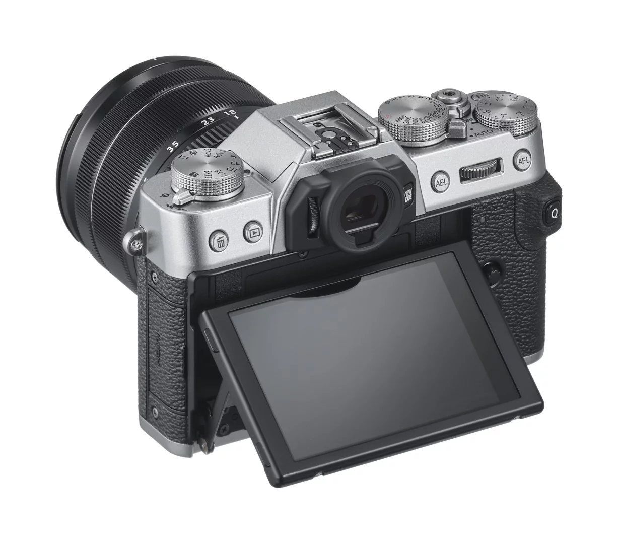 Around back, the X-T30 has a 2.36 million-dot OLED viewfinder and a 3 inch, 1.04 million-dot tilting touchscreen display