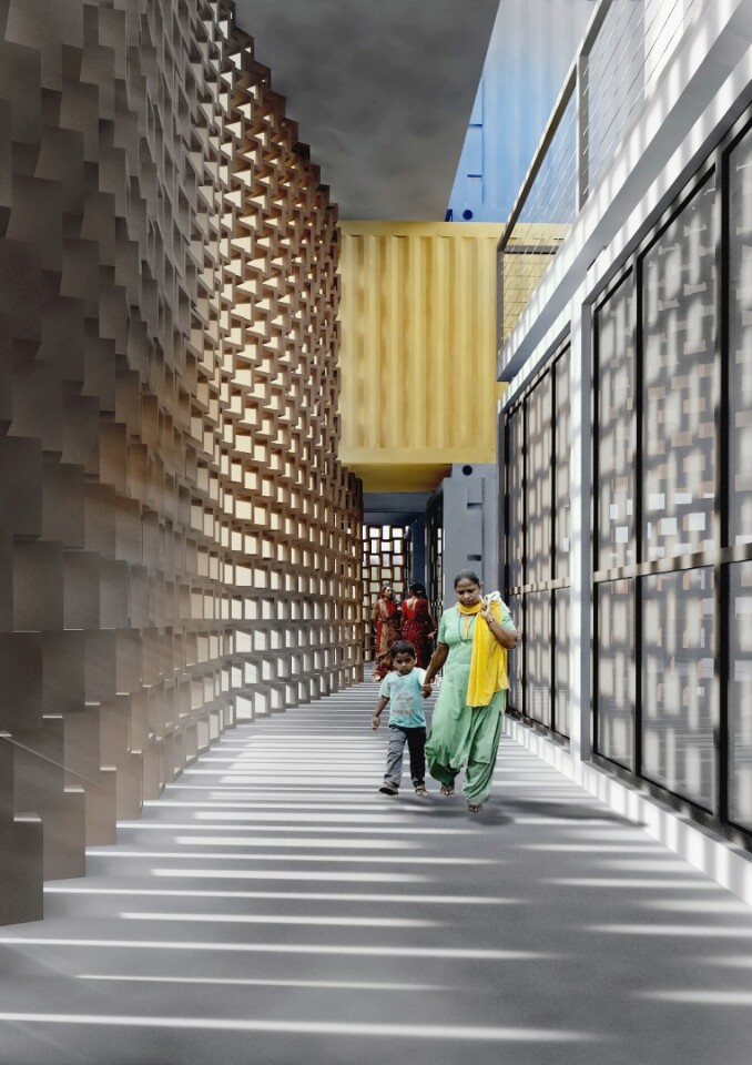 Locally-made recycled terracotta jaalis (a latticed shading and ventilation screen) would clad the corridor to provide natural daylight for the interior