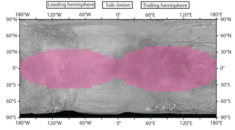 Map of Europa's surface showing the regions that receive the highest radiation dose in pink