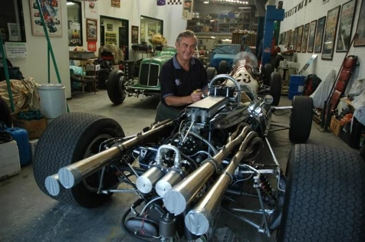 Ian Tate, President of the Victorian Historic Racing Register, turns the spanners on the glorious V12 Weslake motor. Ian knows his way around a motor, originally working for the Holden Dealer Team and was involved in building engines for Peter Brock in th