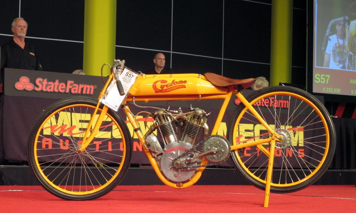 This is the second most expensive motorcycle ever to sell at auction. It didn't quite make it to a million dollars as we had expected when it went to auction in 2015, but the beautiful 111 mph (179 km/h) bevel-driven OHC V-twin 1915 Cyclone Board Track Racer was the star of the E.J. Cole Collection at the end of the day, attracting the highest genuine bid ever for a motorcycle at auction at that time, being a hammer price of $775,000 which ultimately translated to the bike fetching $852,500 including buyer's premium of 10 percent.Only 13 Cyclones are known to exist, and this one was owned by Steve McQueen. We did an extensive article on the bike in the lead up to the auction.