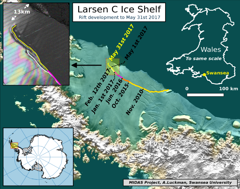 The most recent cracking shows the large mass of ice about to break off in West Antartica