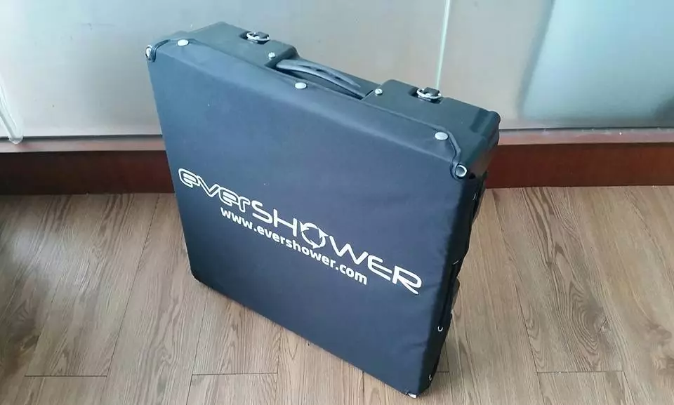 The Evershower packs neatly in a carry case