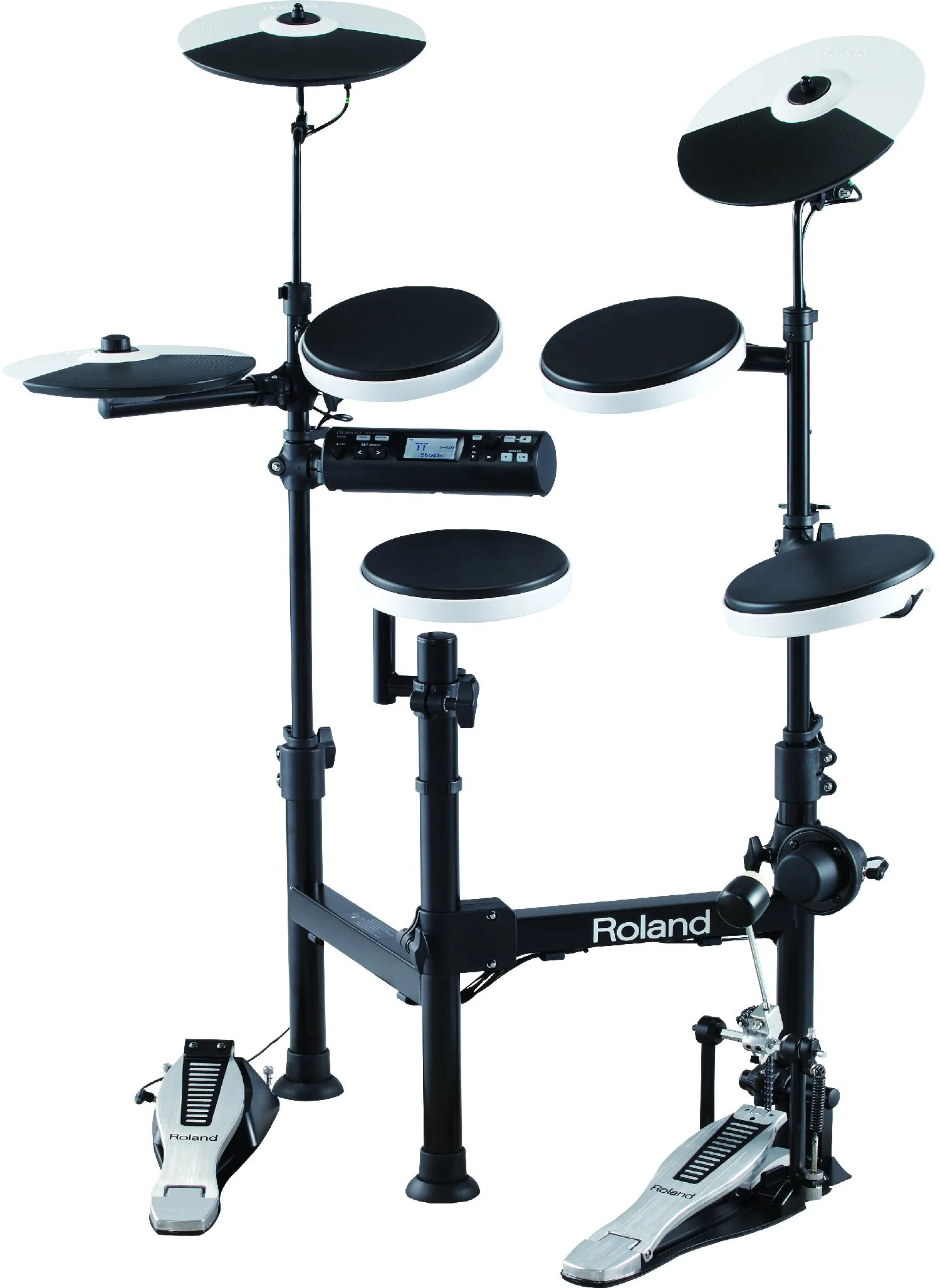 The TD-4KP V-Drums Portable set includes a percussion sound module, a kick pad, four pads for snare/toms, three cymbal pads for hi-hat, crash and ride and a hi-hat control pedal