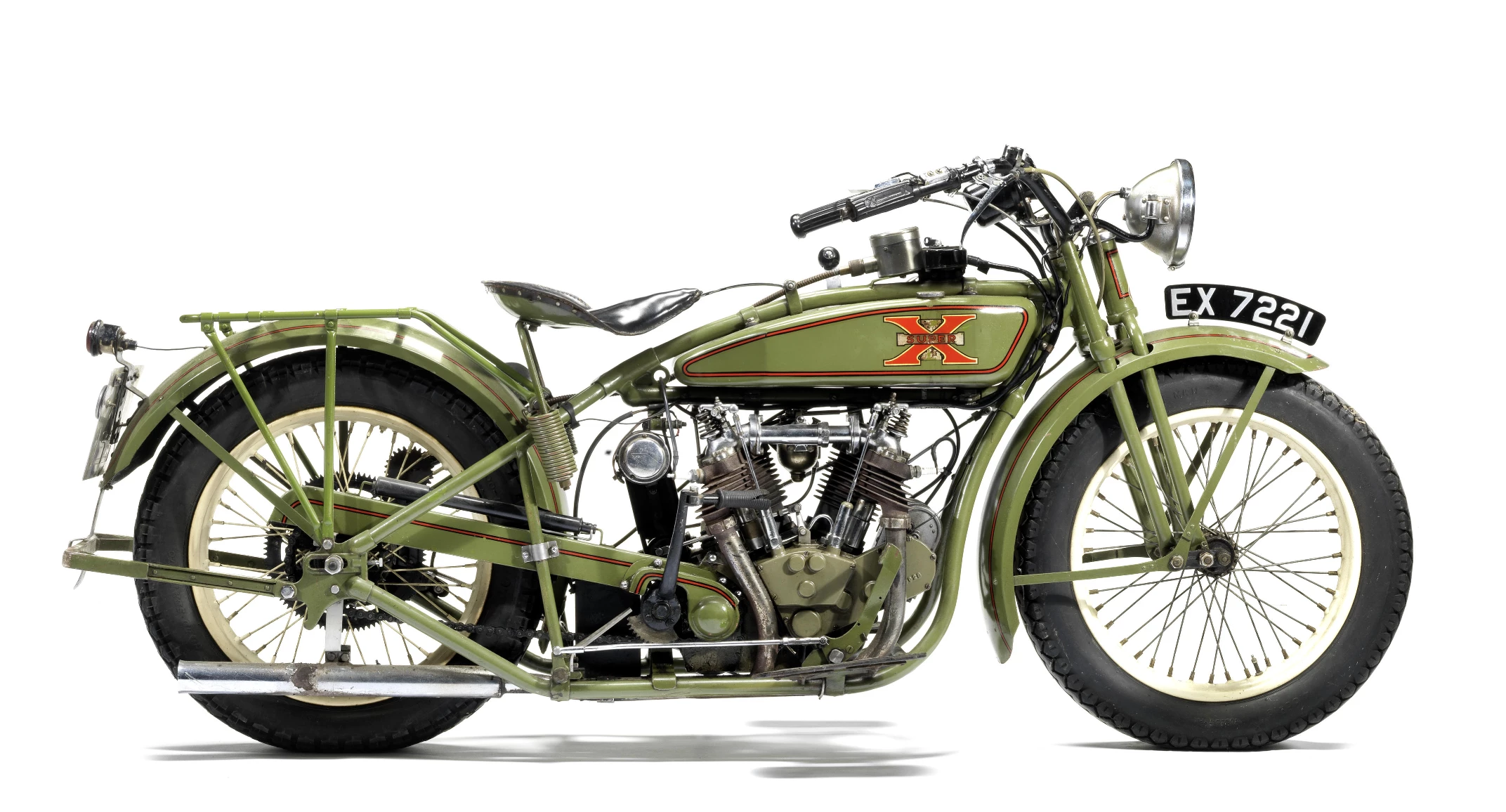 Introduced to the US market in 1925, the Super-X retained the Big Twin's F-head valve gear while reverting to the leading-link front fork used on its earliest ancestors. Elsewhere though, it was extensively redesigned, featuring unitary construction of the engine/gearbox and geared primary drive encased with an alloy casting. There was a higher-performance Super Sport model available and this pair of Super-Xs continued with few changes until motorcycle production ceased in 1931. First registered in the UK in 1951, this Excelsior Super-X was purchased by the current vendor in 1985. This 1927 Excelsior 750 Super-X is estimated to fetch £15,000 to 18,000 ($22,000 - 26,000)Auction Page