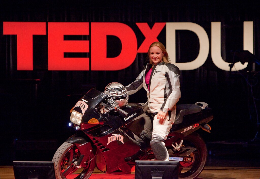Eva presents her first electric motorcycle, a converted Cagiva Freccia, at her TED presentation