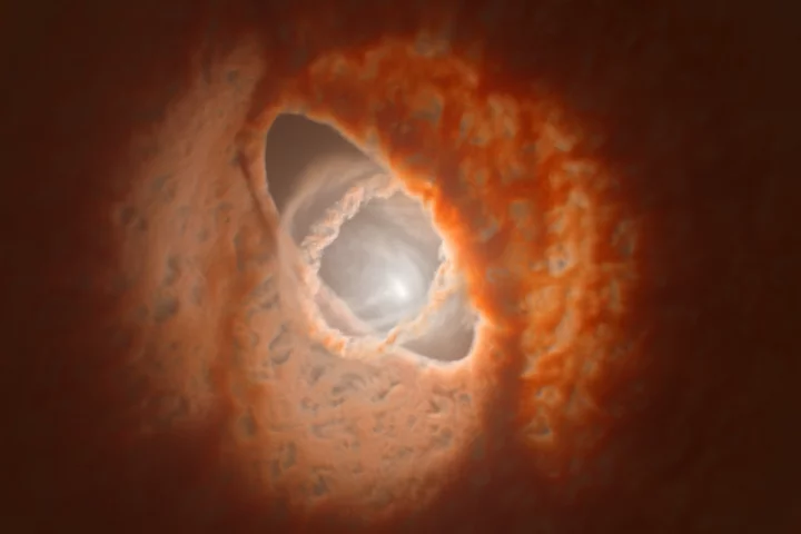 An artist's impression of the warped disc of the triple star system GW Orionis