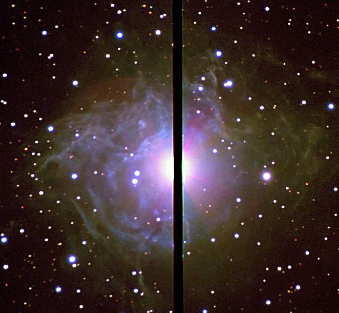 Cepheid variable RS Puppis is surrounded by a nebula of dust and gas – most clearly at the lower left, the light echoes of the star's variable luminosity can be seen encircling the star, whose light is blocked by a linear obstruction (Photo: ESA)