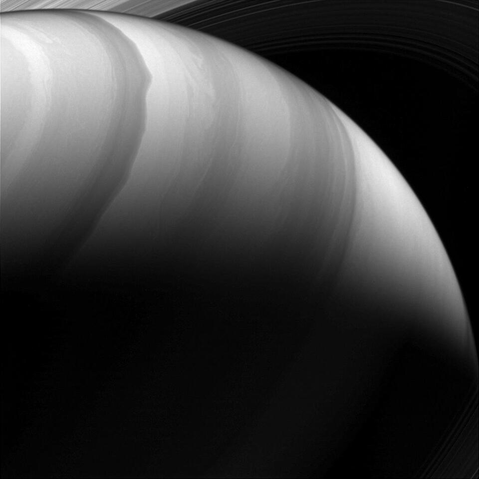 Saturn imaged at infrared wavelengths, as seen from a distance of roughly 592,000 miles (953,000 km) by the Cassini spacecraft