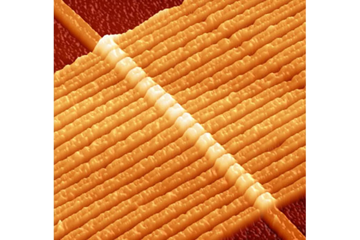 An image of a circuit with 17 memristors, each composed of two layers of titanium dioxide connected by wire, captured by an atomic force microscope. (Image: HP Labs)