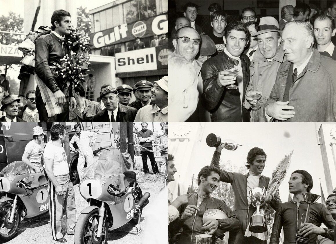MV Agusta was unstoppable at the height of its power. On several occasions, after accumulating enough points to win the title with several races to spare, Agostini and MV Agusta would sit out the last few races of the season so that other riders and marques could enjoy the top step of the podium. That's the Count in the image at top right, enjoying a glass of victory bubbly with Giacomo Agostini.