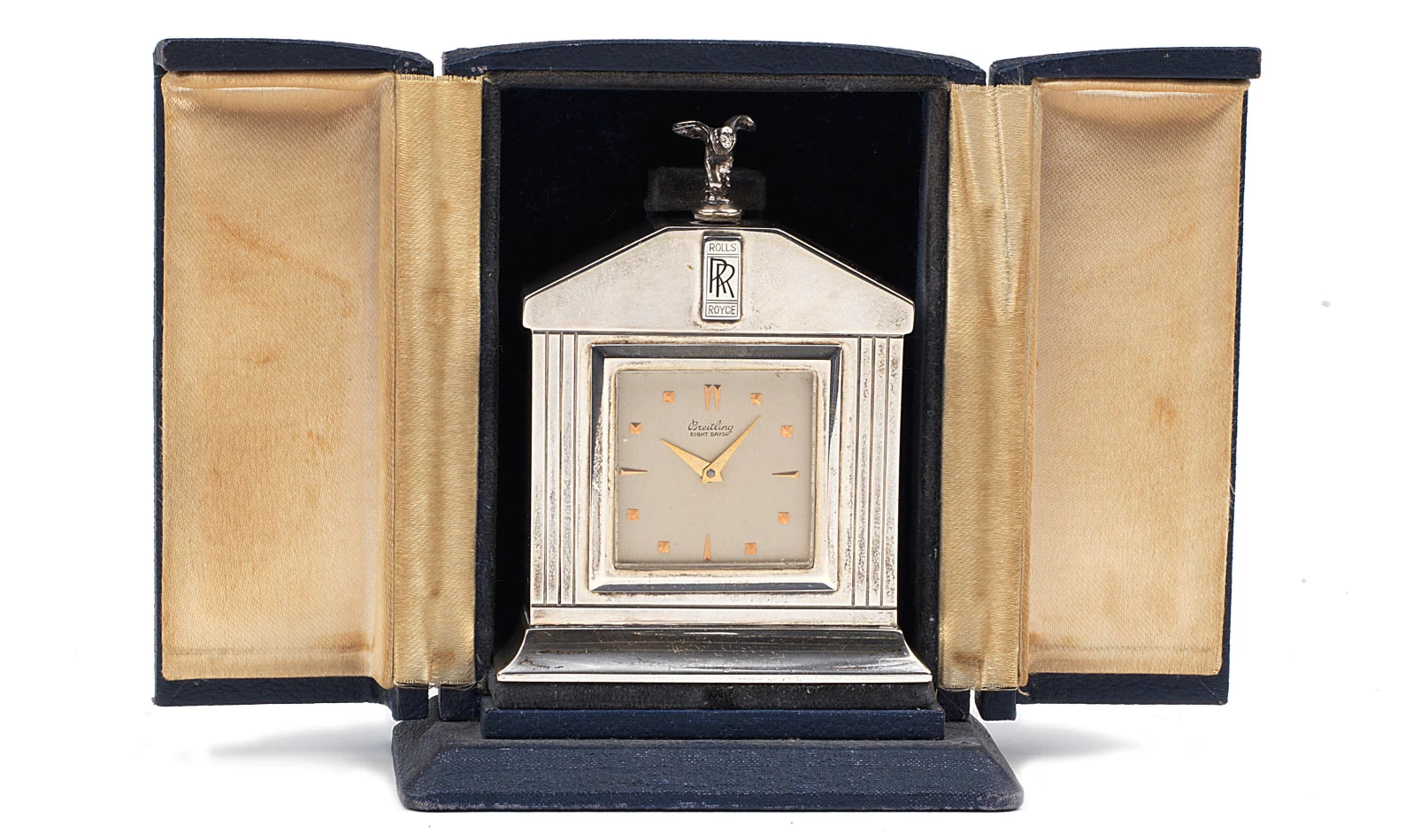 Auction Link: Bonhams | Estimate: €7,500 to €9,500 | A silver radiator-shaped Rolls-Royce 'Spirit of Ecstasy' desk clock by Breitling