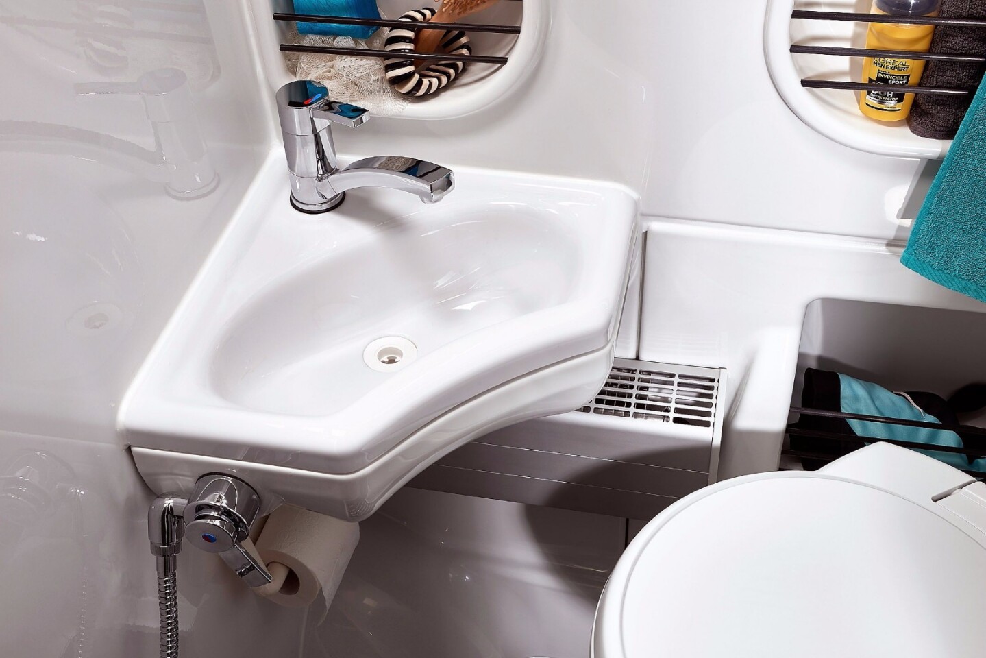 The Sven Hedin bathroom is cozy, but it offers everything you'd expect from a camper bathroom