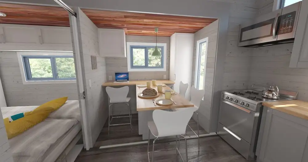 Once the RV-style slide-out system is activated, the Aurora will reach a maximum width of 15.1 ft (4.6 m) and a floorspace of 337 sq ft (31 sq m)