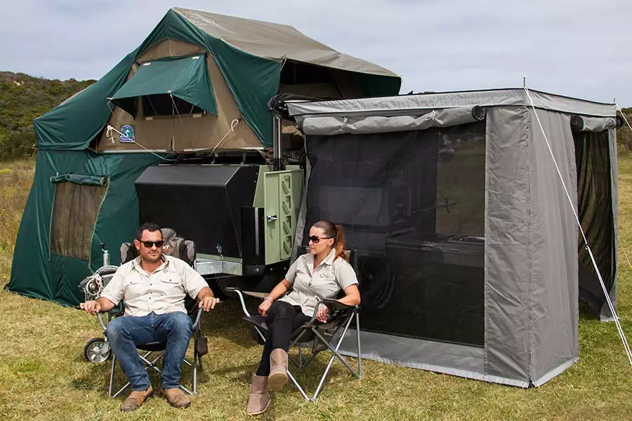 Fold-out tent with king-size mattress option