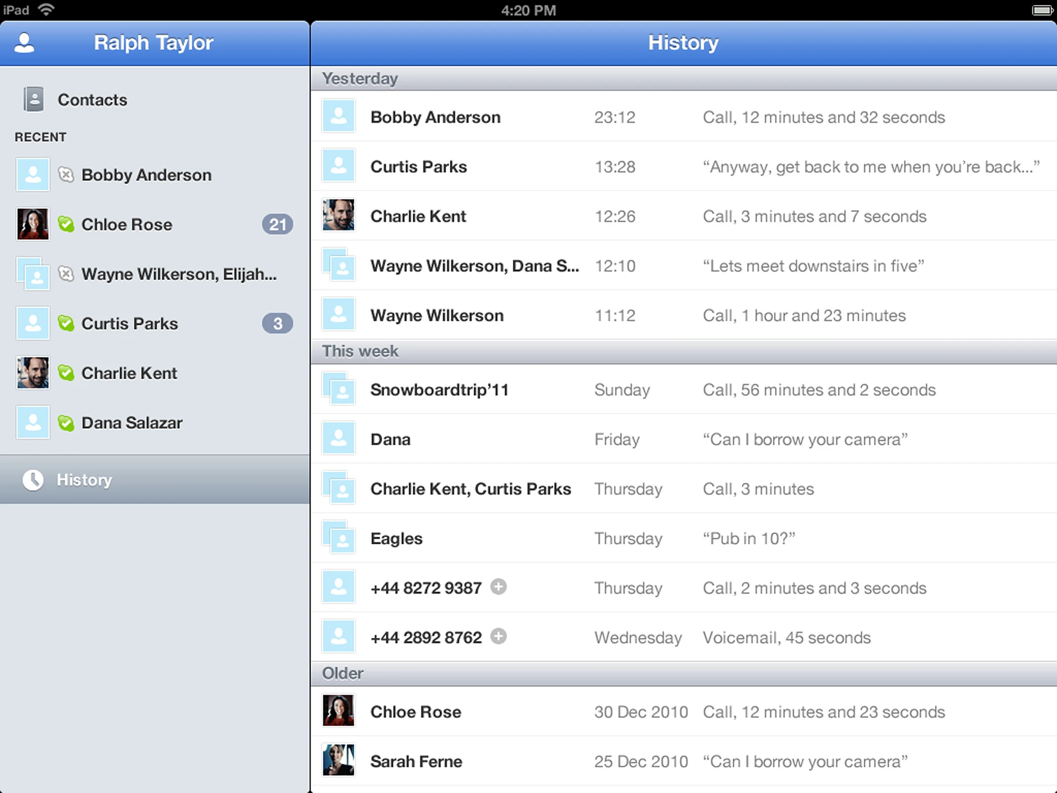 The Skype for iPad History screen