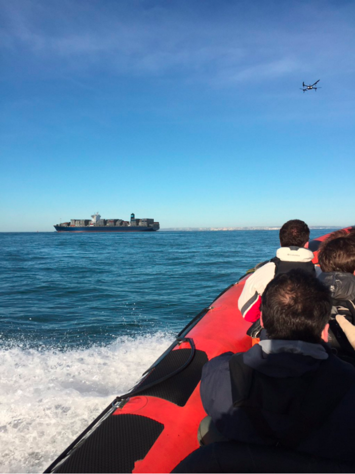 Trailing by boat to stay within 500 m (1,640 ft) of the drone, Ocuair's Operations Director Richard Gill manually piloted the aircraft across its 35 km (21.7 m) journey