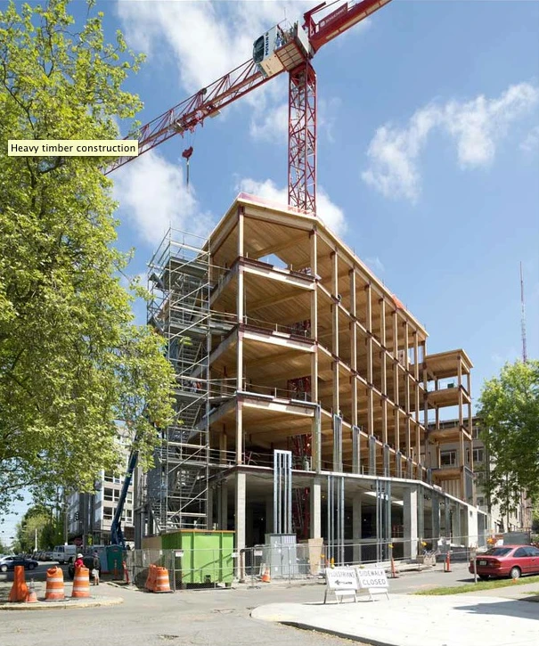 This shot of the Bullitt Center under construction in May 2012 shows the building's extensive use of heavy timber (Photo: John Stamets)