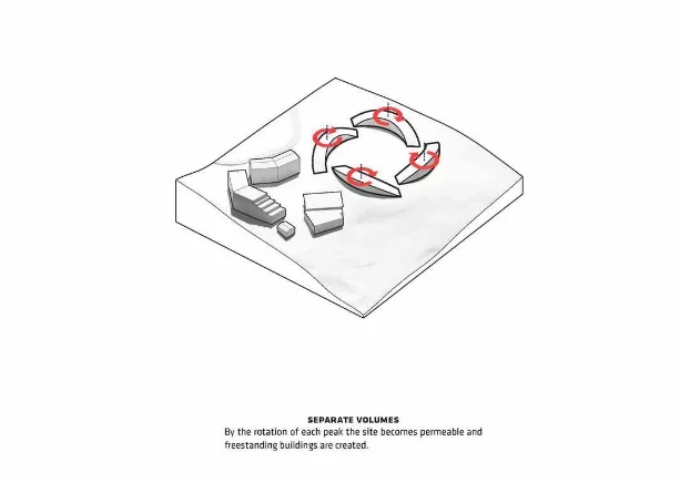 The buildings extend parallel to each other to create a sequence of intertwining streets