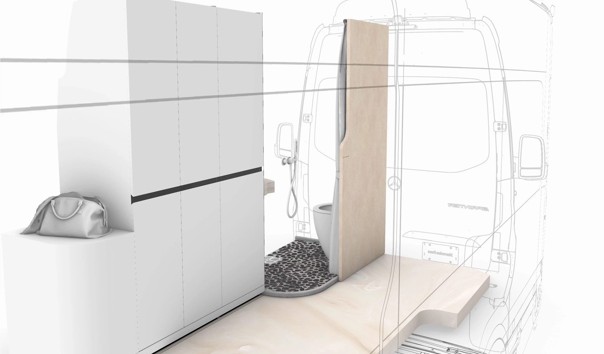The center wardrobe is wide but also well shallower than the wet bathroom