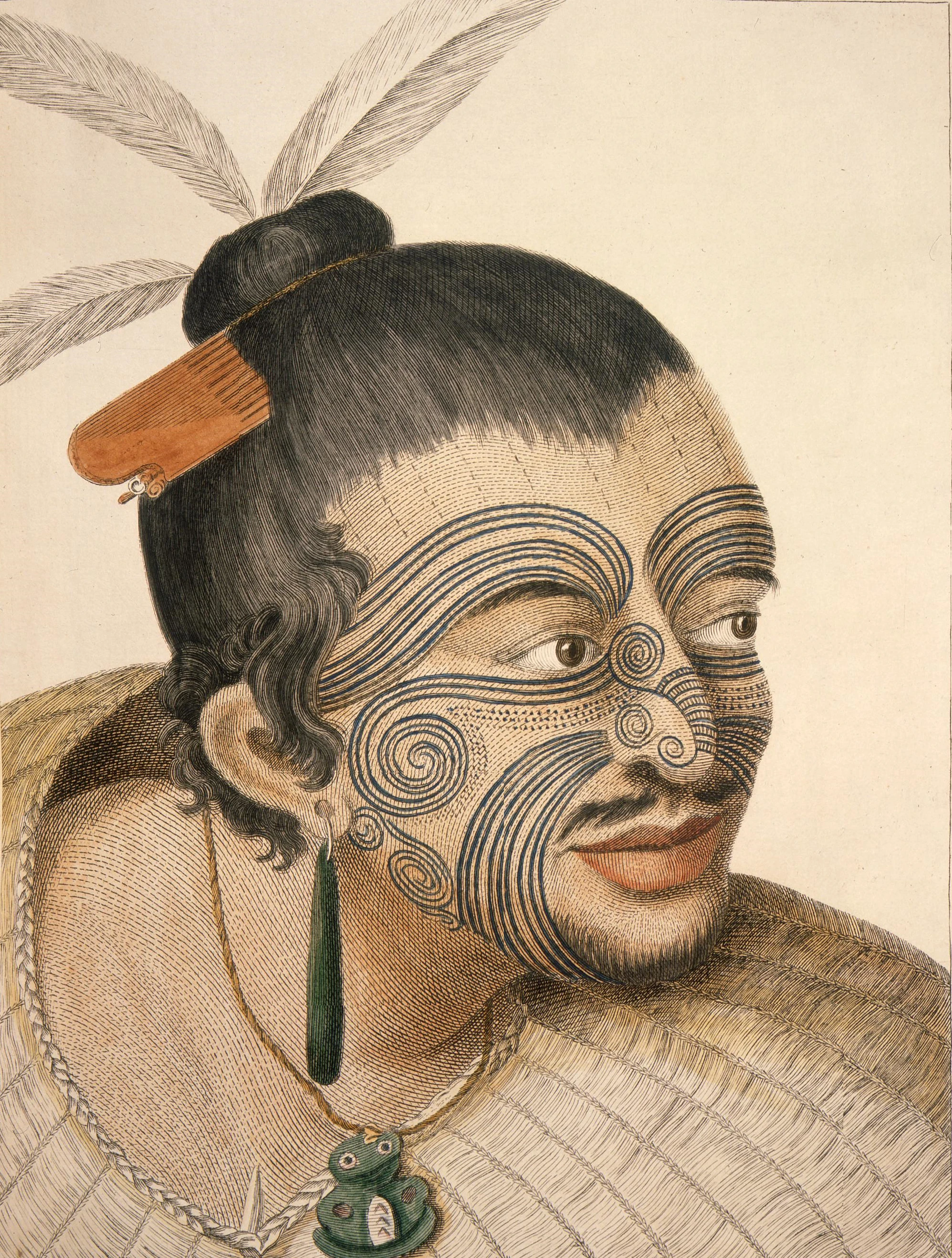 An 18th-century depiction of a Māori man with distinctive Tā moko (Image: Alexander Turnbull Library)