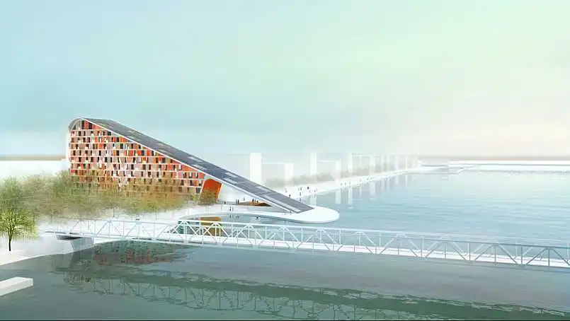Proposed for the Aalborg Waterfront in Denmark, a new housing development would feature 60 apartments, from 4 to 12 stories high, all supplied with a 100 percent renewable energy source (Image by C. F. Moller Architects)