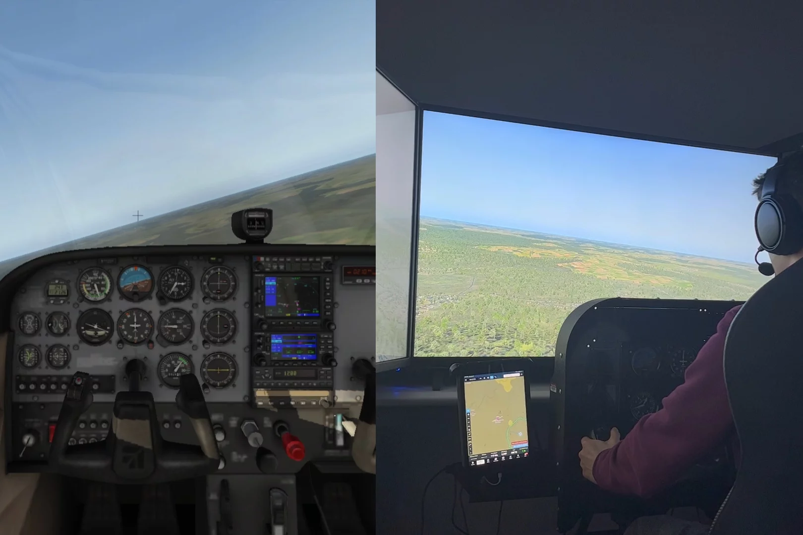 In a test of the artificially intelligent autopilot, both it (left) and a human pilot (right) controlled virtual aircraft in the same simulated airspace