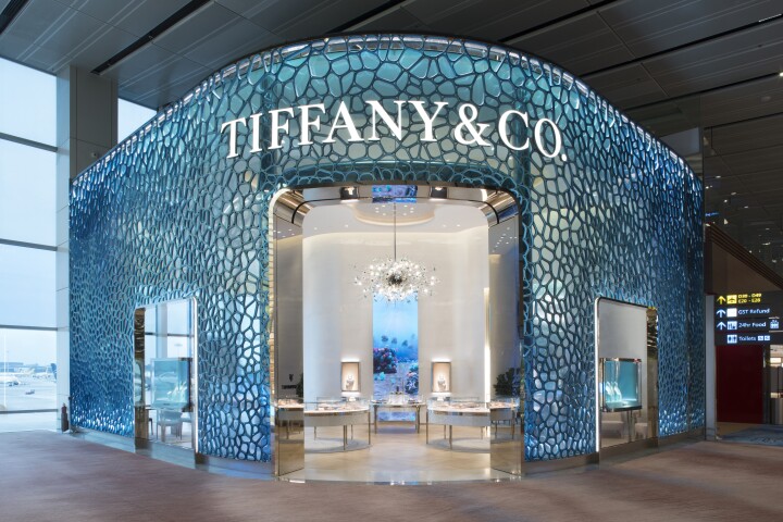 MVRDV's Tiffany & Co. store in Singapore’s Changi Airport is defined by an eye-catching facade made up of recycled plastic that's partially sourced from old fishing nets