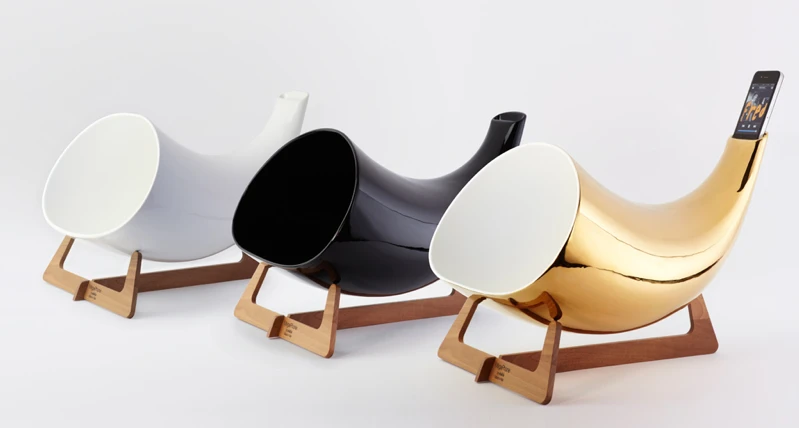 The Megaphone comes in white, black, and gold and amplifies tunes from your iPhone or iPod touch