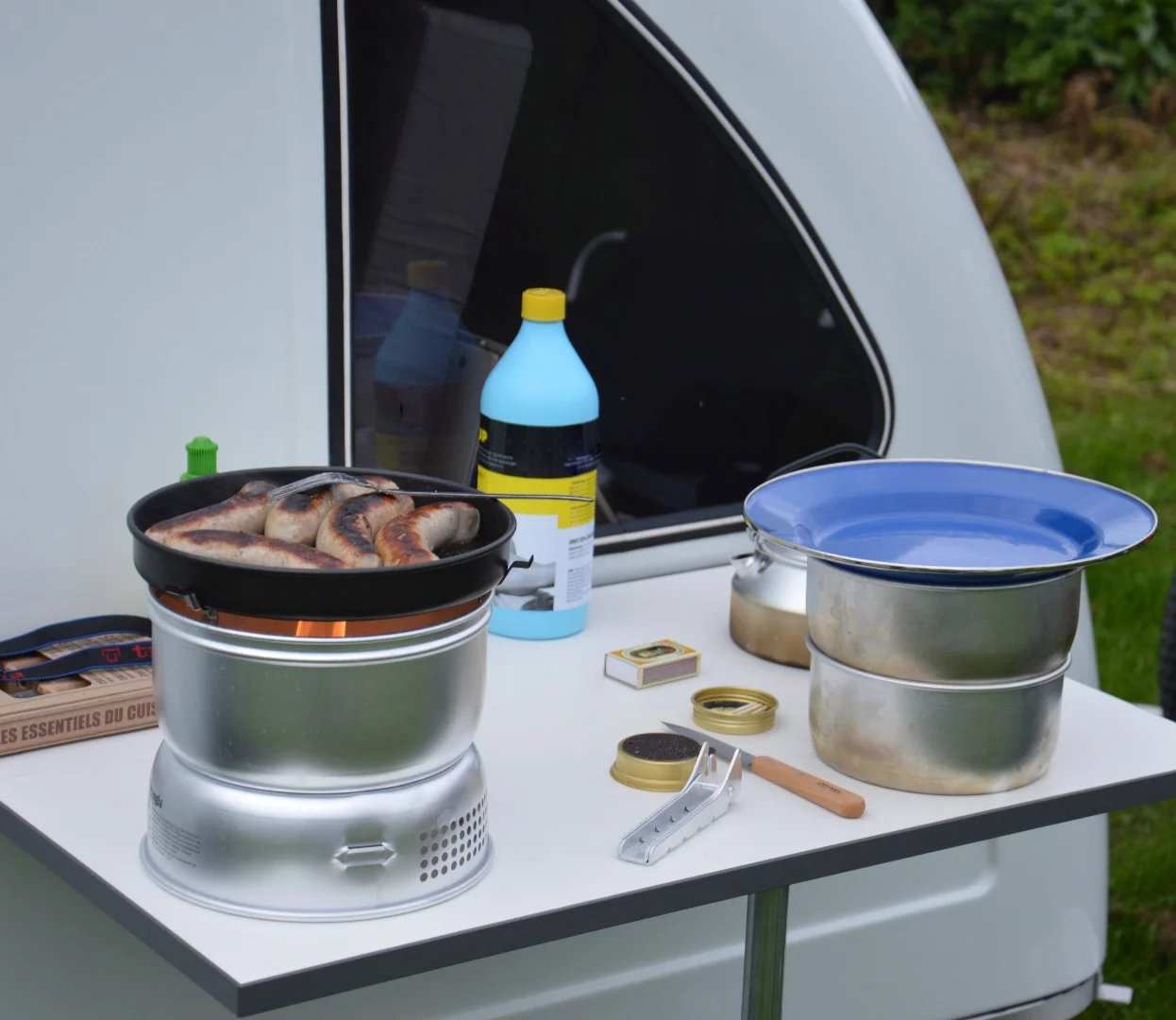 There's no room for a kitchen inside the Homie so cooking must be done outside