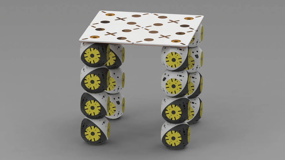 A miniature-table from Roombots modules and 4 plates (Image: Biorobotics Laboratory, EPFL)