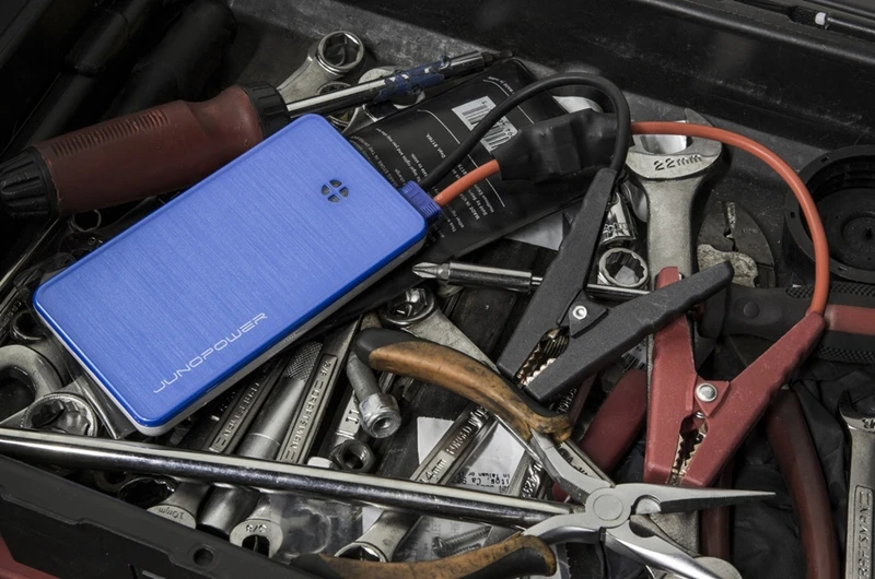 The Jumpr connects to a car battery like traditional car jump starters
