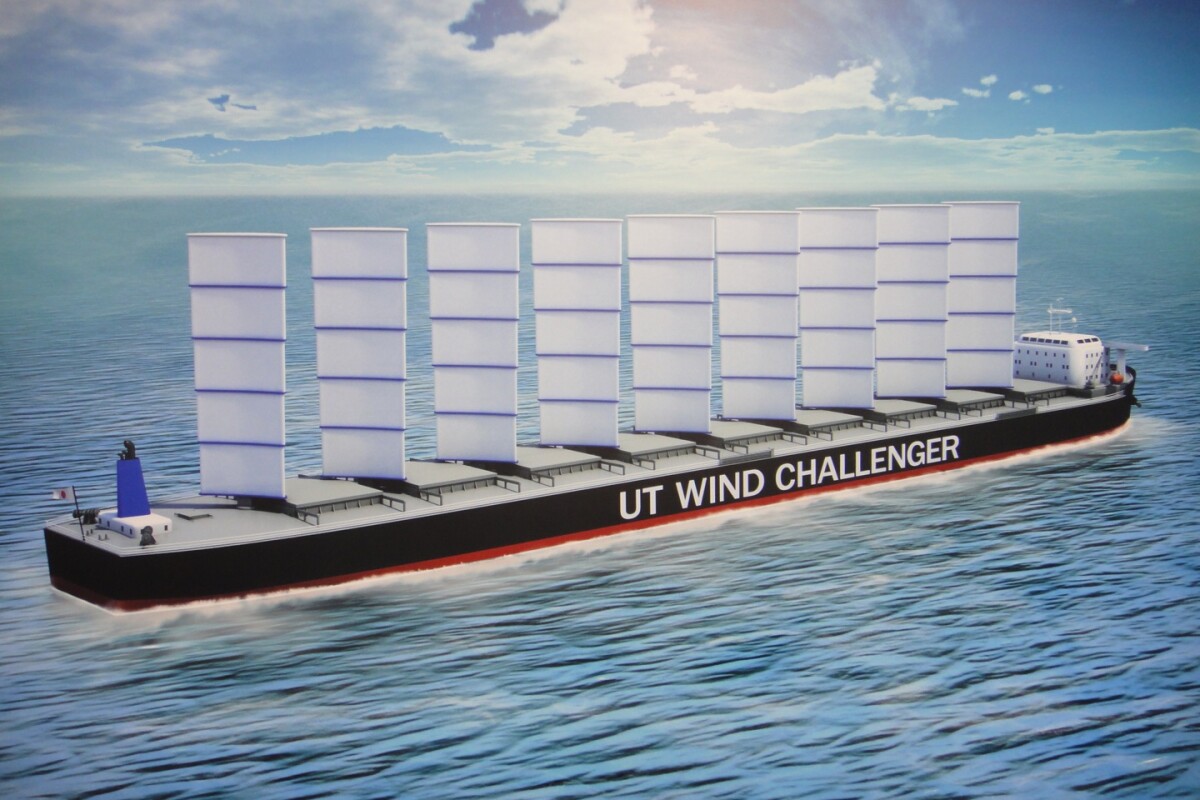 Depiction of a cargo ship equipped with the Wind Challenger Project system of sails