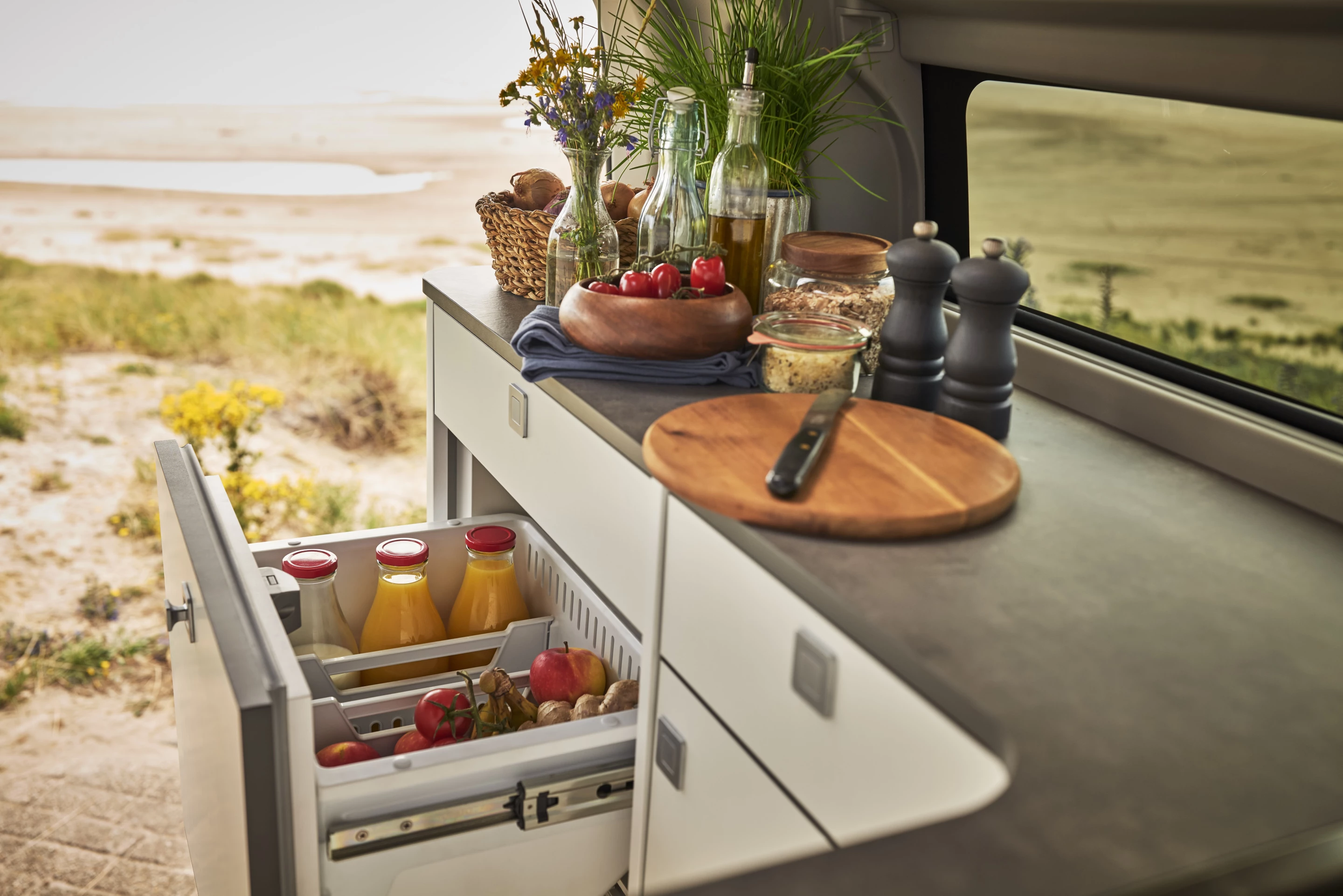 In addition to the longer countertop, the long-wheelbase Nugget has more storage space below