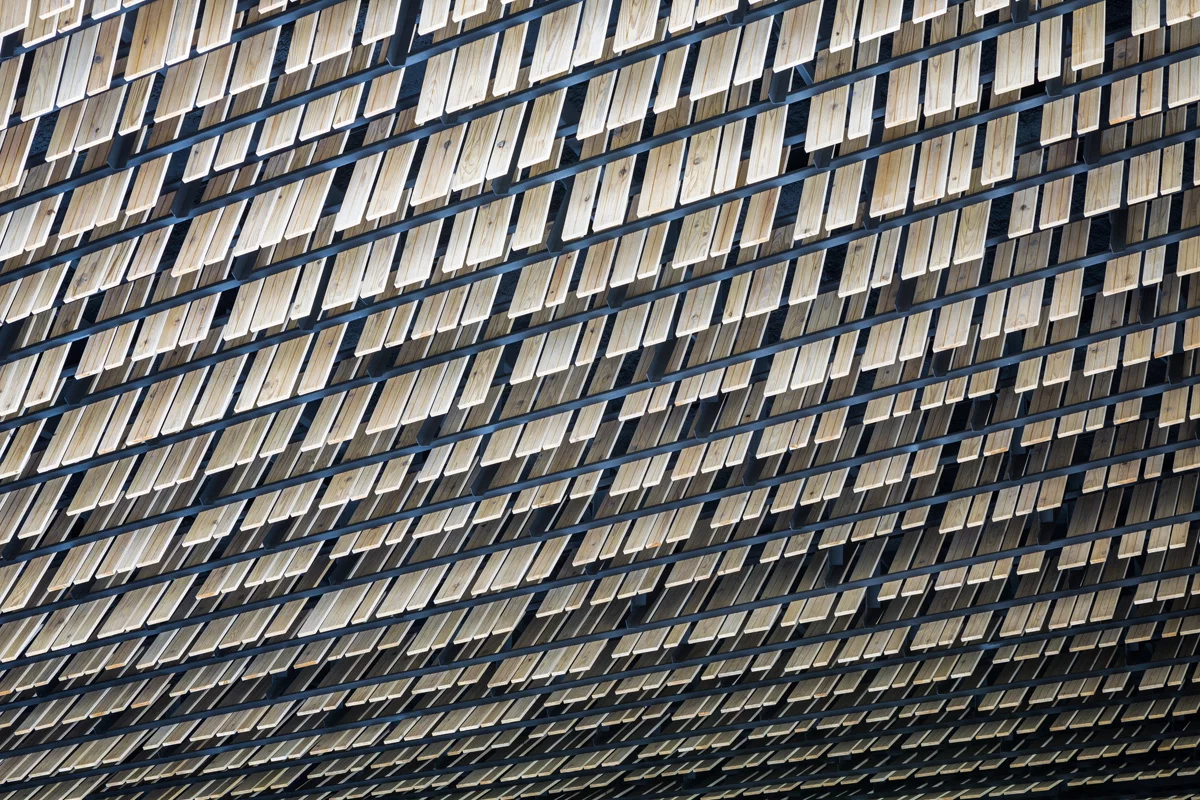 The undulating facade of the Daiwa Ubiquitous Computing Research Building in Tokyo, by Kengo Kuma & Associates