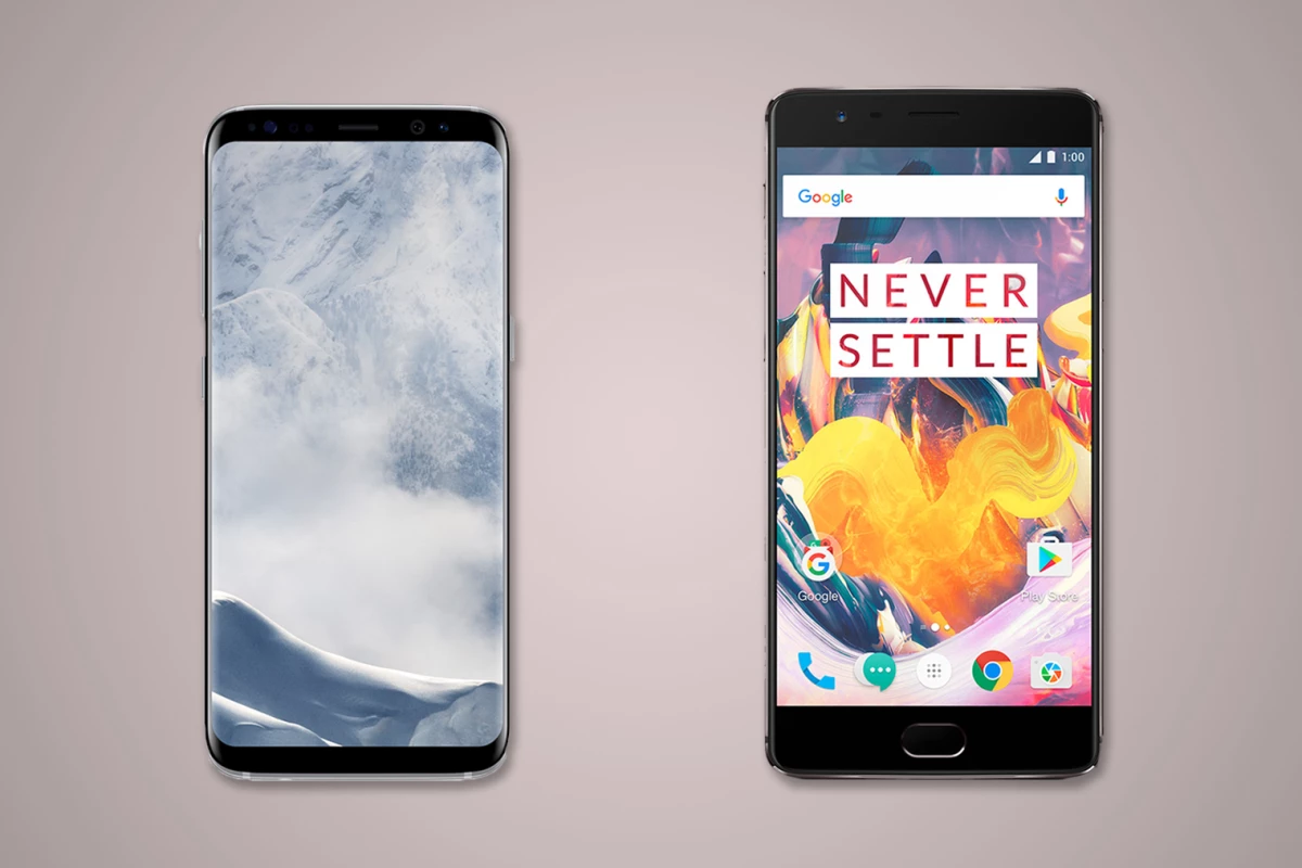 New Atlas compares the features and specs of the Samsung Galaxy S8 (left) and S8+ (not pictured) vs. the OnePlus 3T (right)