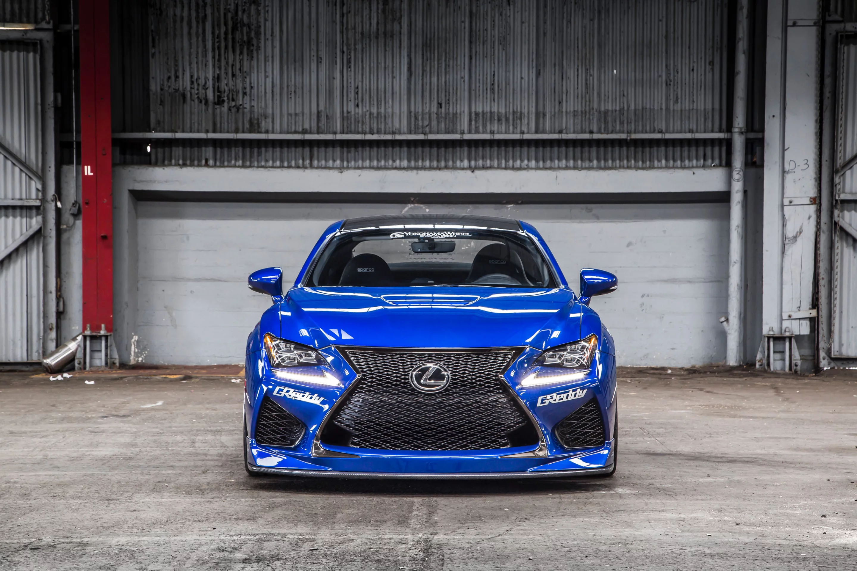 The Gordon Ting/Beyond Marketing RC F is lowered by a set of Tein Sport coilovers