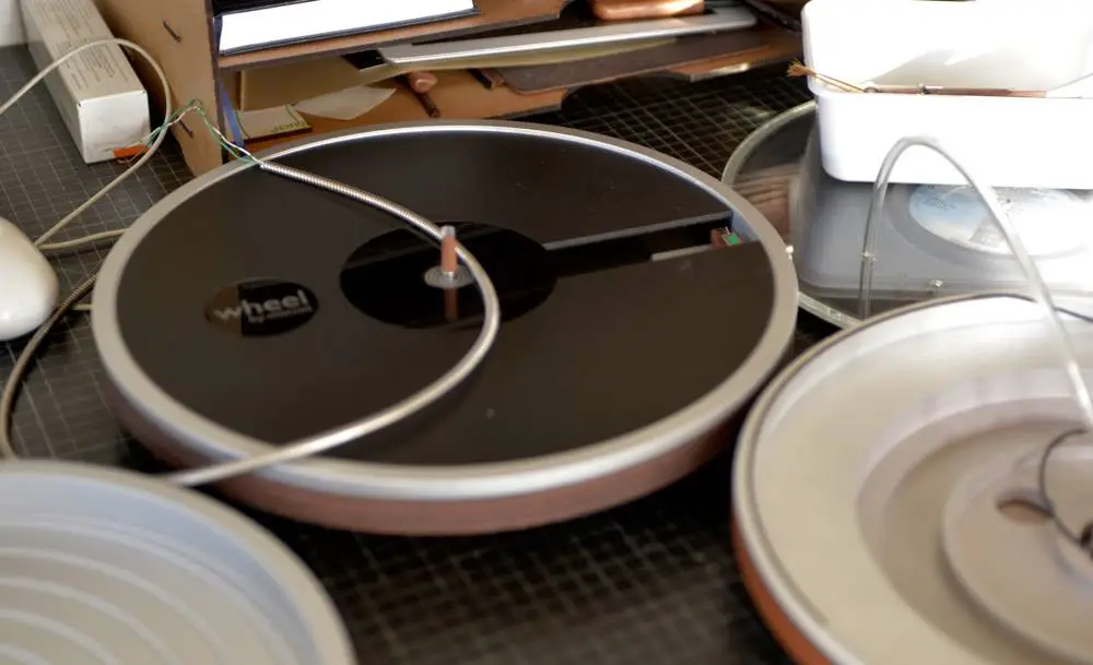 A Wheel prototype, showing the gap in the mat that's home to the system's tonearm