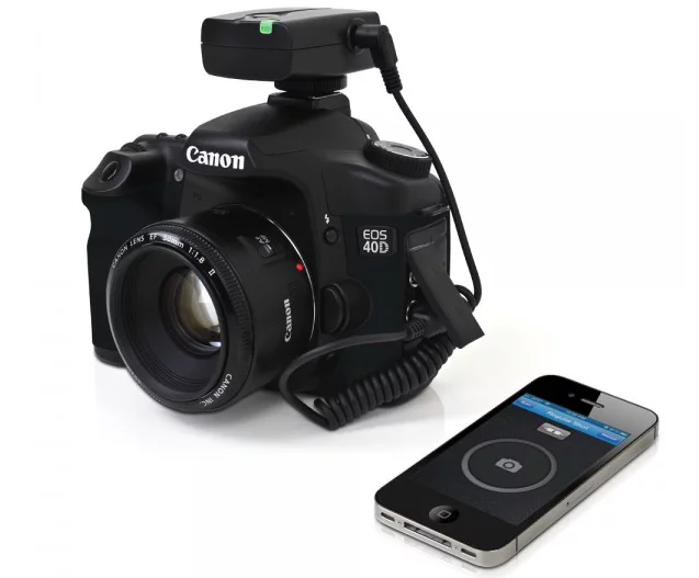 The Satechi Bluetooth Smart Trigger sits on the hot-shoe of your DSLR, and connects to the camera using a small cable