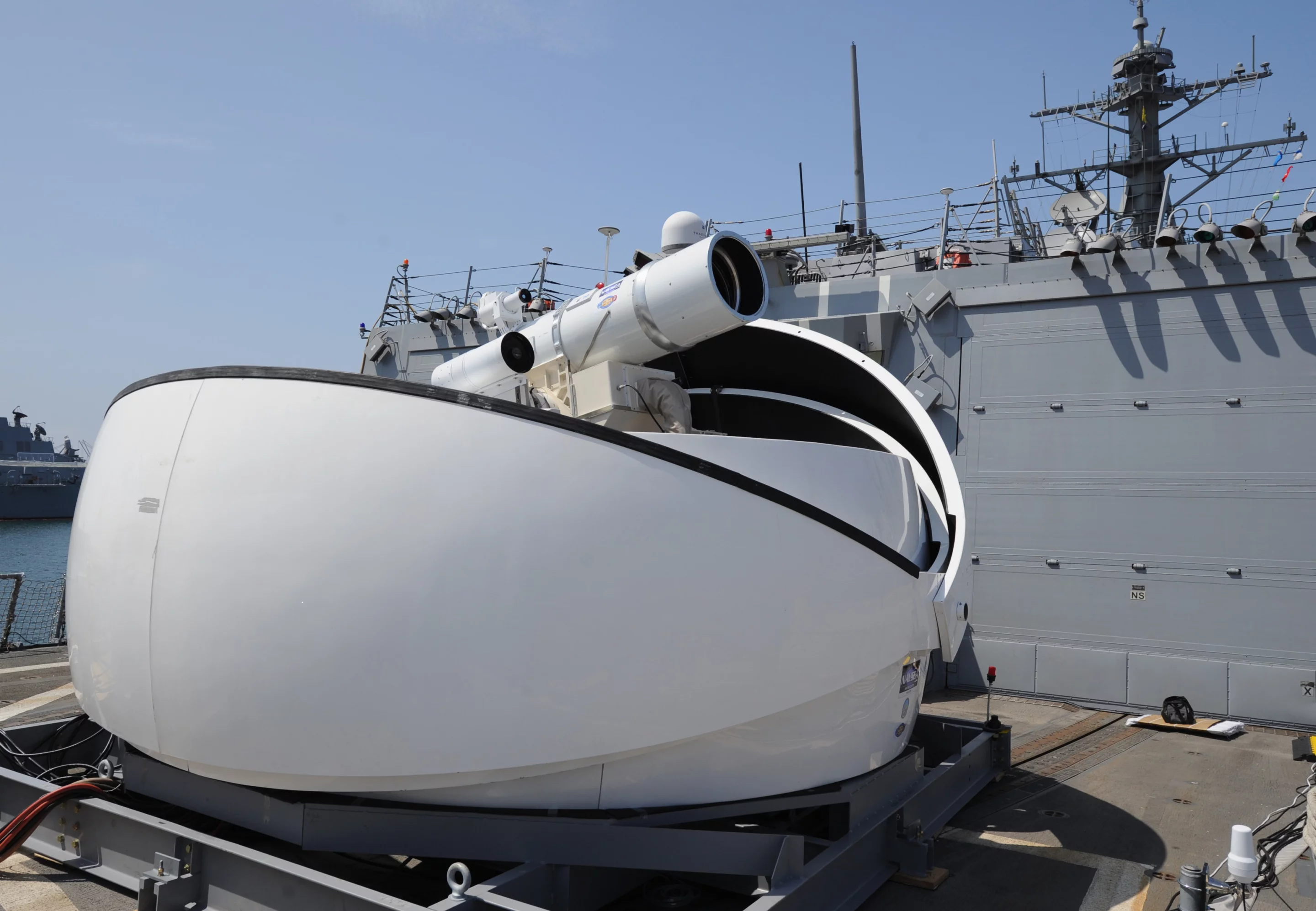 Laser Weapon System (LaWS) temporarily installed aboard the guided-missile destroyer USS Dewey (DDG 105)