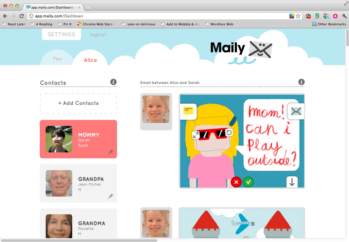 Maily emails arrive in a normal inbox and users can then reply using the the Maily Dashboard to respond in a child-friendly and visual manner