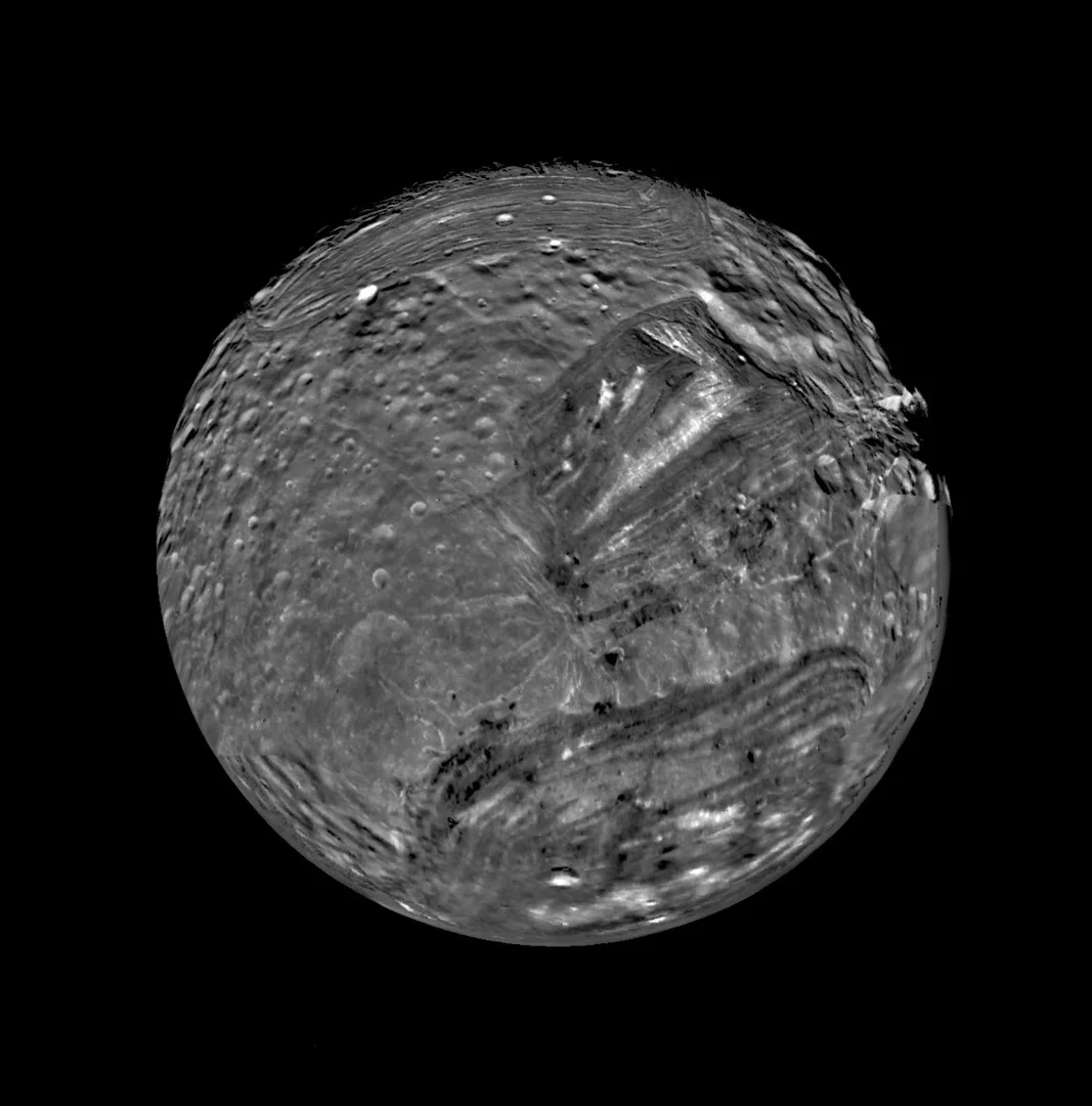 Uranus’ Moon Miranda – taken by Voyager 2 in 1986