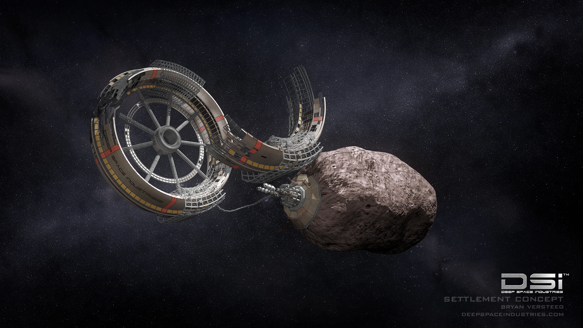 Artist's concept of a space settlement built from asteroid materials harvested by DSI (Image credit: DSI)