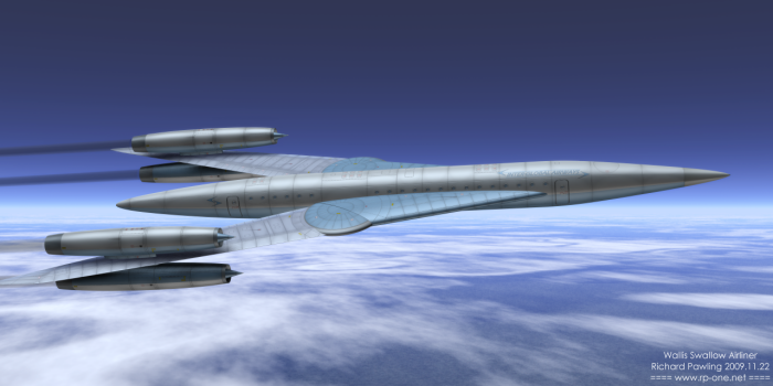 After the war, Wallis turned to the question of supersonic flight, and developed concepts for a number of such aircraft, which he called aerodynes. His Wild Goose concept was notable for the position of the wings to the rear of the aircraft. This was to counteract the rotational forces experience be a solid body moving in air at an angle – an issue he was alerted to thanks to his experience designing airships. The wings would pivot to steer the craft, and sweep back to attain greater speeds. Wild Goose proved successful as a model, but was cancelled in the early 1950s before a piloted version was completed. His subsequent Swallow concept, pictured above, also employed a swing-wing, but in a delta configuration. After promising early test flights, the loss of a test model followed by military cuts did for the development of the aircraft. His work was built on in the United States, though without the involvement of Wallis or Vickers. (Image: rp-one.net)