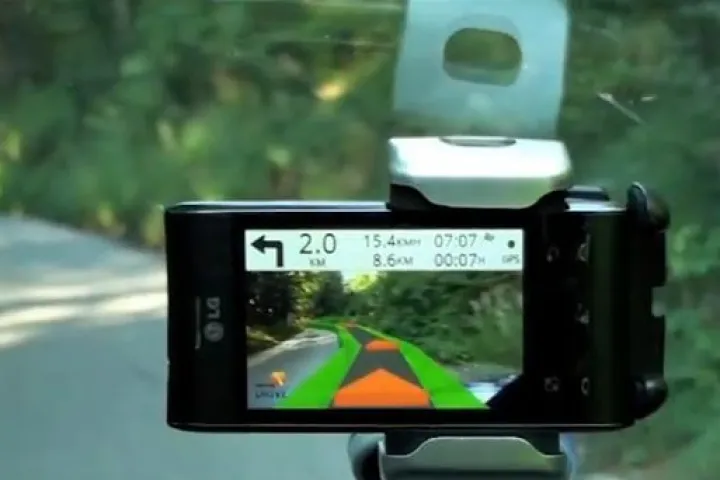 The Wikitude Drive augmented reality navigation app overlays directional markers on real-time video of the road in front of you