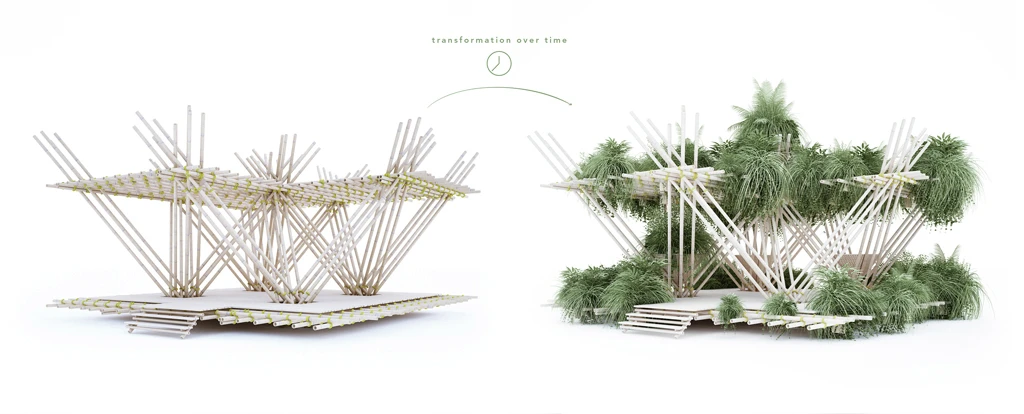 Architectural render showing how the buckets of seeds would grow to cover the structure in greenery