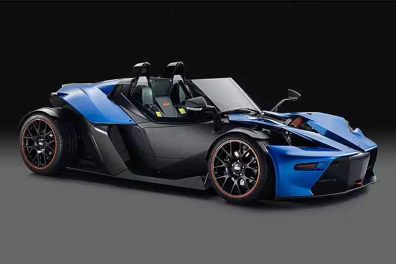 The KTM X-Bow GT in blue side angle view