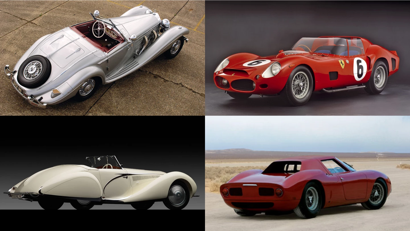 Some of the world's most expensive cars have been previously sold by RM Sotheby's prior to their new relationship: (top left) a 1937 Mercedes-Benz 540K Speziale Roadster (US$8,106,150 – GBP£3,905,000) in London in October, 2007(top right) the Le-Mans-winning 1962 Ferrari 330 TRI/LM Spider (US$9,288,469 – EUR6,875,000) at a Maranello auction in 2007, (bottom left) a 1938 Talbot-Lago T150-C SS Teardrop Cabriolet by Figoni et Falaschi (US$7,150,000) and (bottom right) a 1964 Ferrari 250 LM (US$7,014,433 – EUR 4,510,000) at Maranello in 2008.